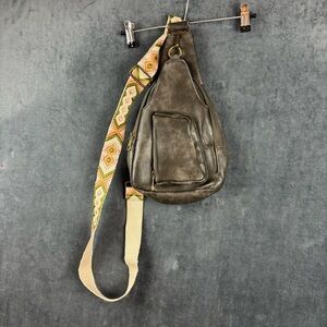 Gray Faux Leather Crossbody Bag with Southwestern looking Strap